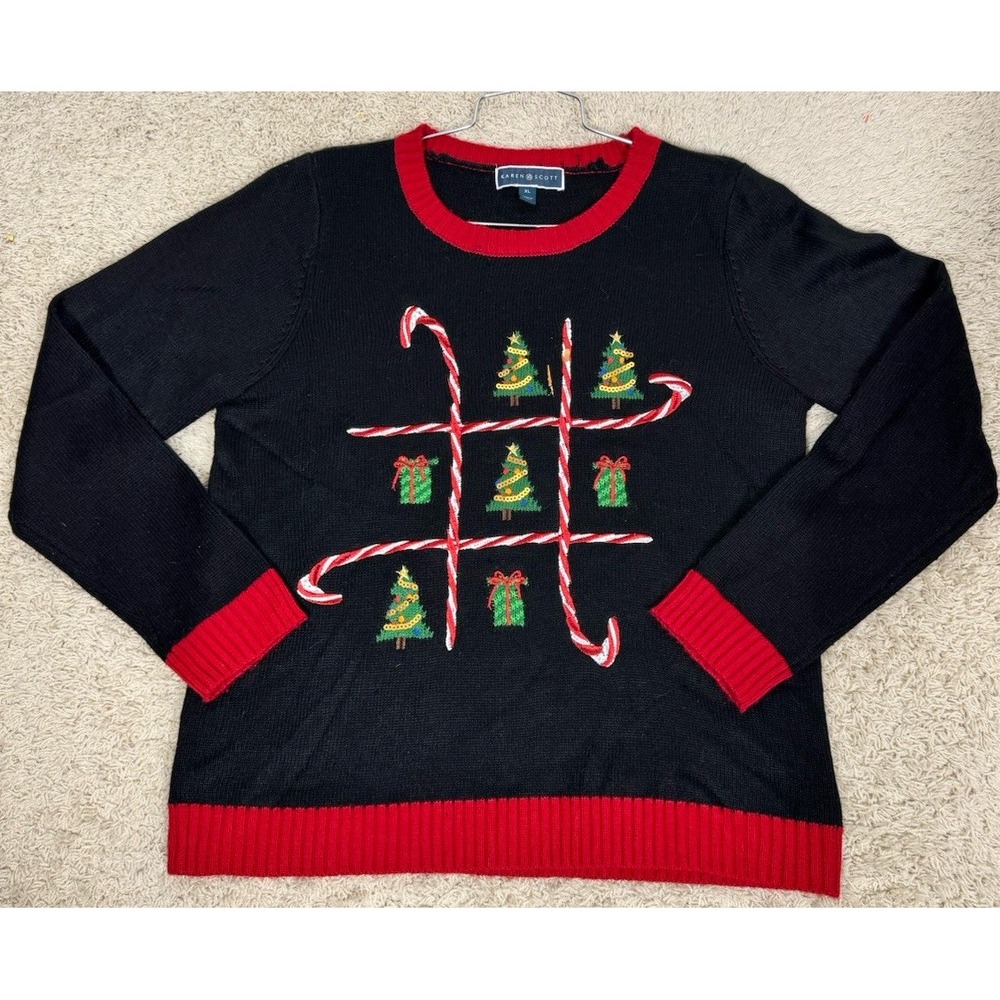 Karen Scott Tic Tac Toe Pullover Christmas Sweater‎ Size XL Embroidered Sequins